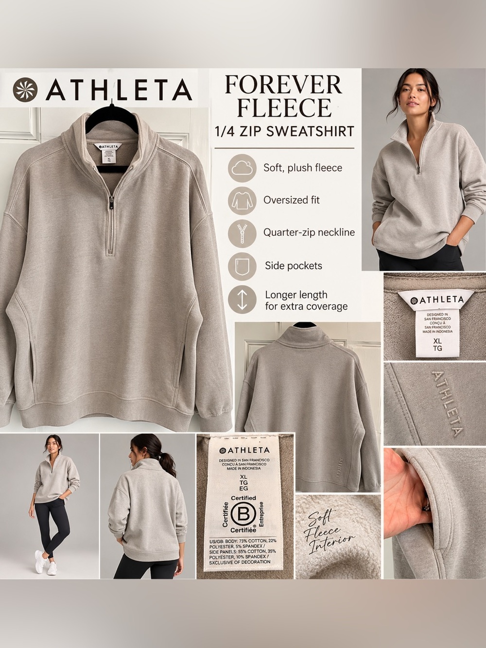 Athleta Forever Fleece 1/4 Zip Sweatshirt XL Mushroom/Taupe Oversized Pullover